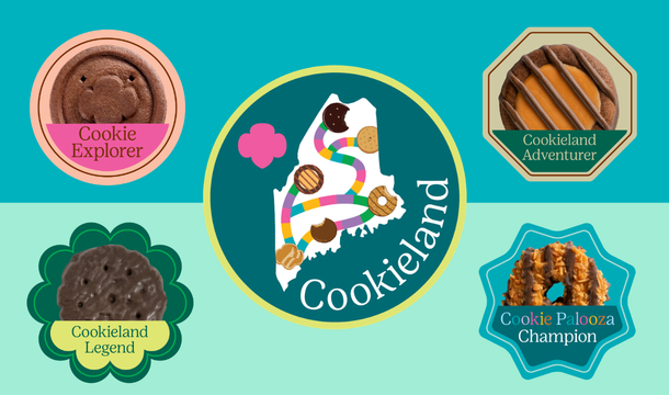 Cookieland logo with four digital badges around it featuring Girl Scout Cookies
