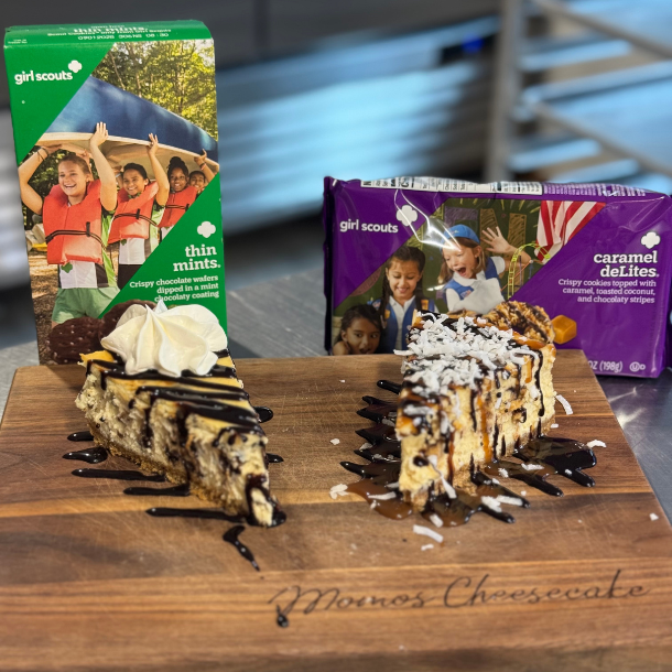 thick mint and cara-delights cheesecake slices