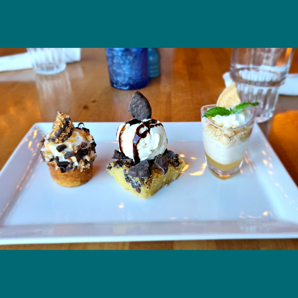 dessert trio: caramel coconut cupcake, a gooey mint cake bar, and a lemonade cream cheese mousse