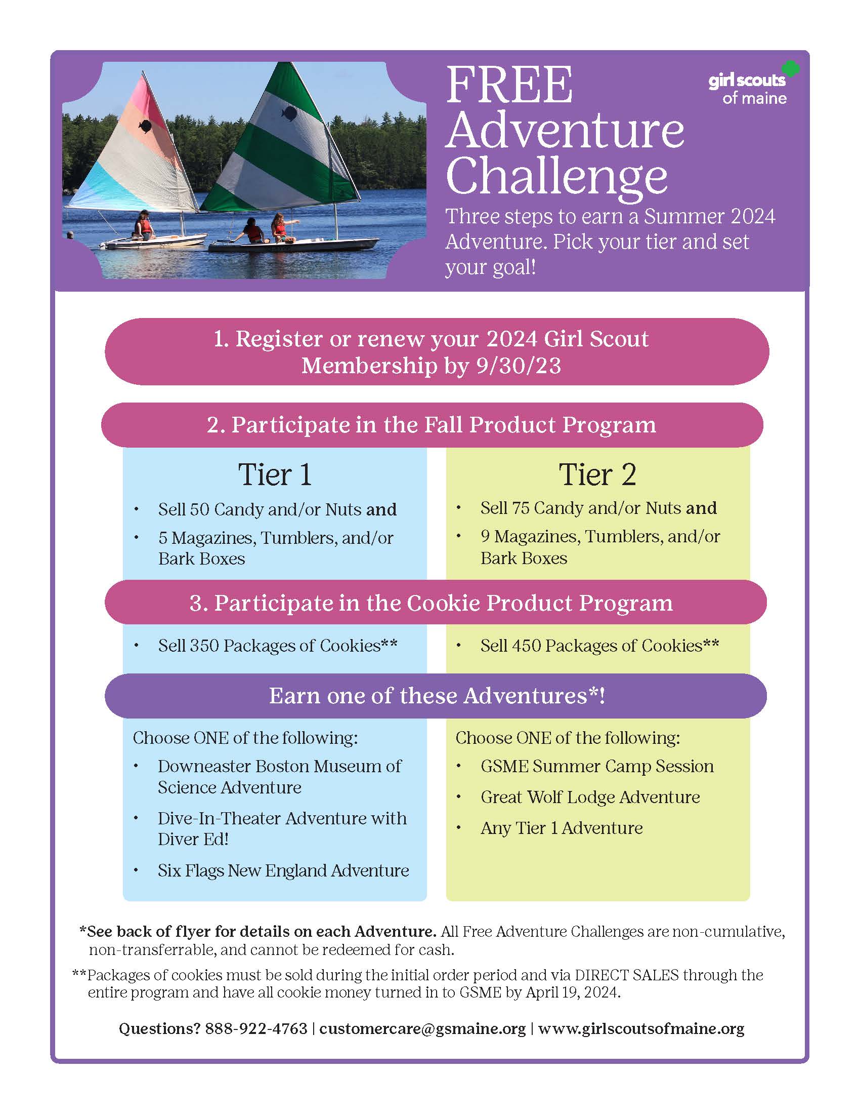 Free Adventure Challenge flyer showing girls sailing
