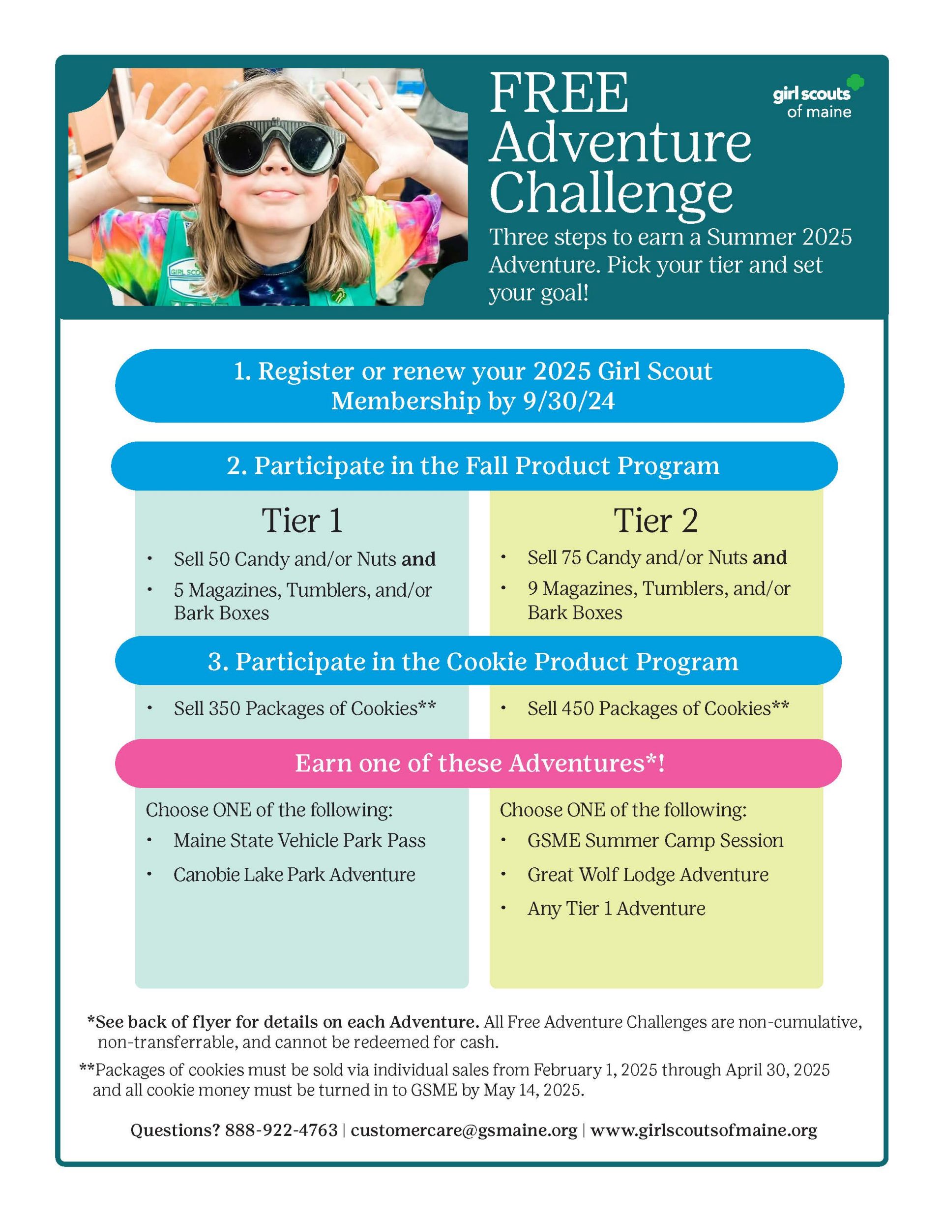 Free Adventure Challenge flyer showing girls sailing