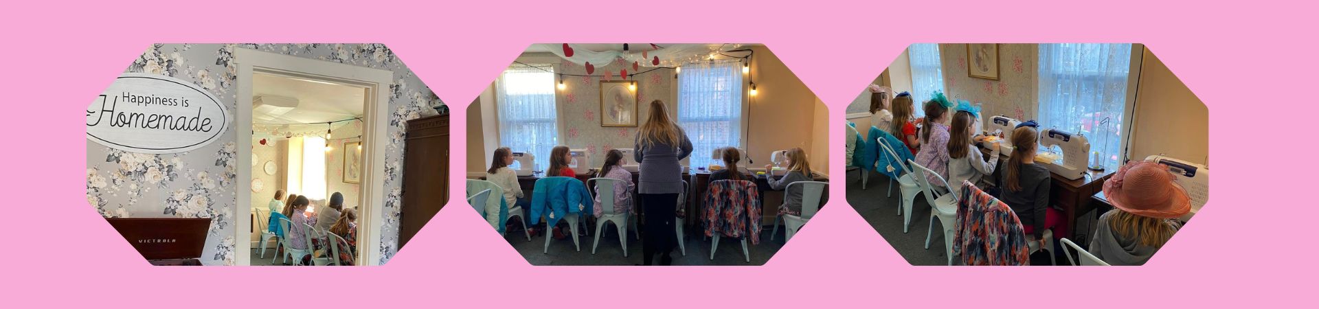 Three images og Girl Scouts sewing