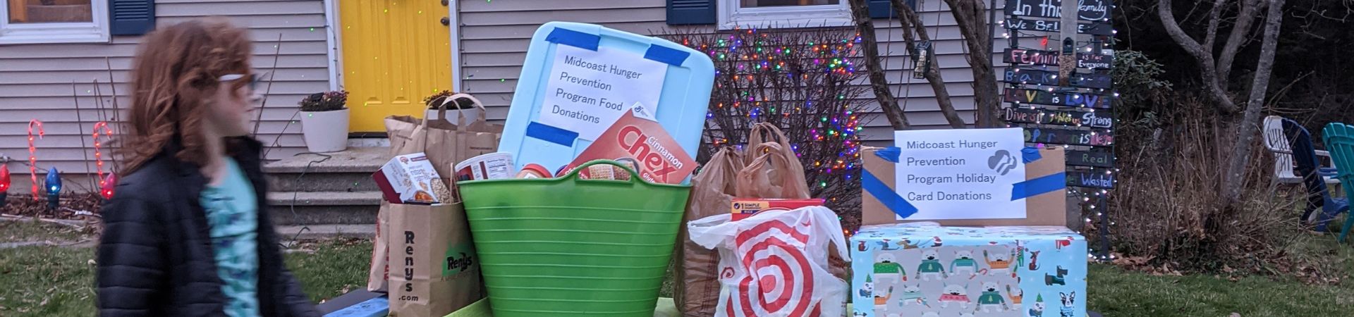  An image of the Midcoast Hunger Prevention Program food and holiday card donations collected by troop 520 