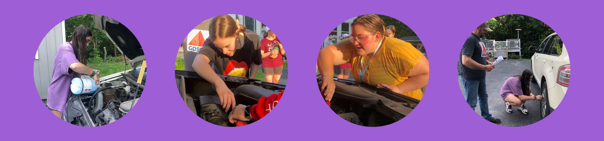  Four images of girls from troop 574 working on cars 