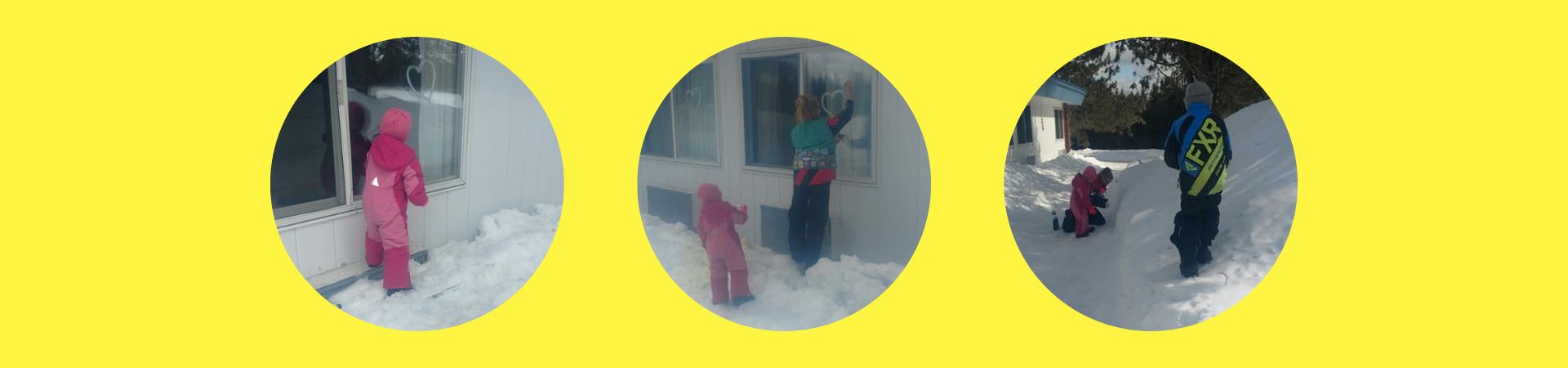  Three images showing payton and others making art on windows and in the snow 