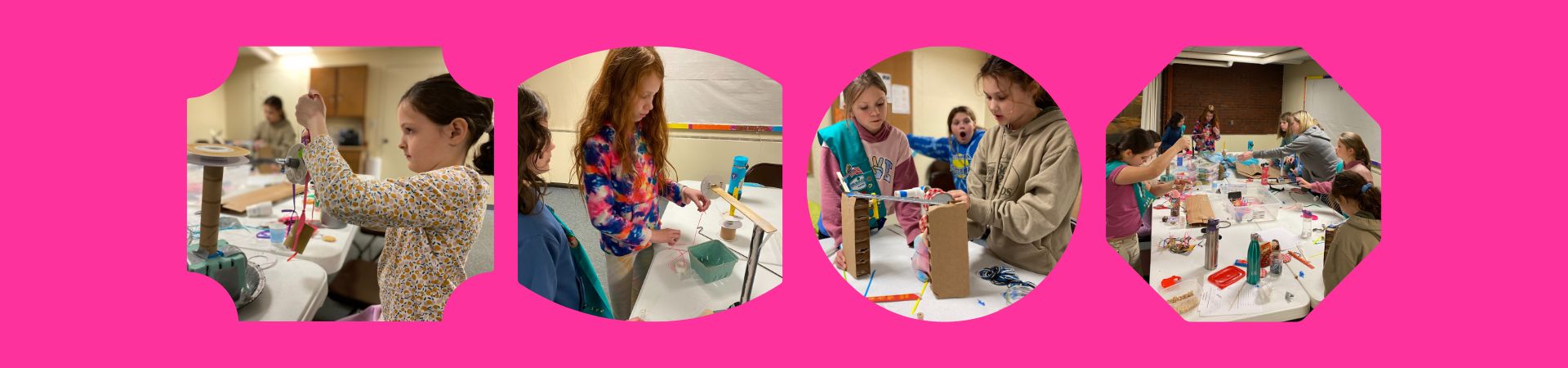  Girl Scouts building cranes and pulleys from recycled objects 