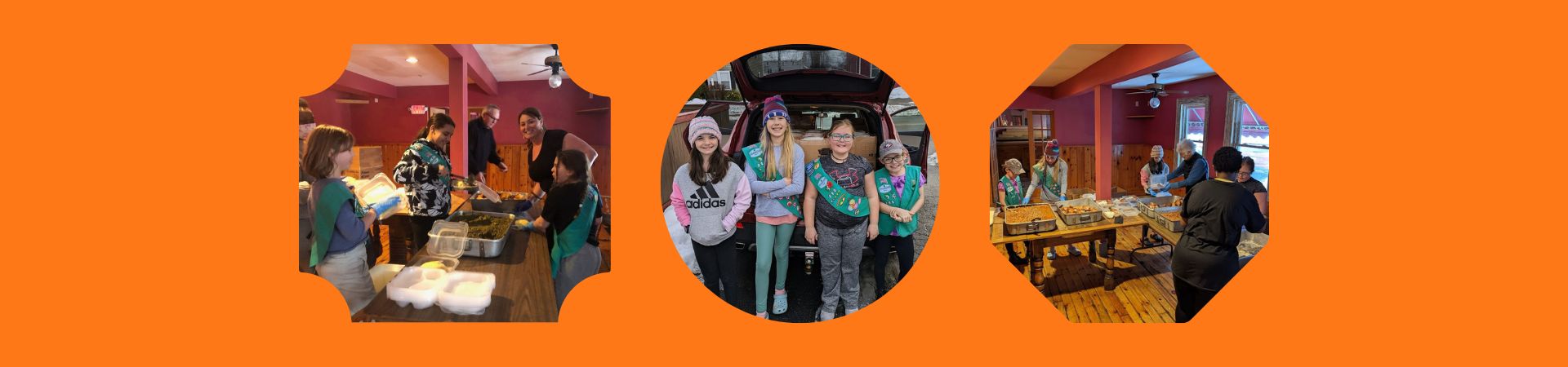  Three images of Girl Scouts from troop 280 with food for refugees in saco area 
