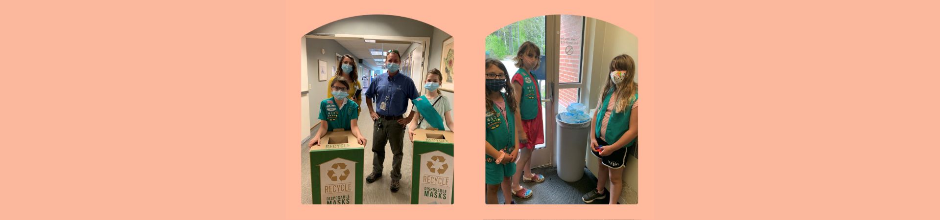  Girl Scouts from troop 612 standing with mask recycling containers 