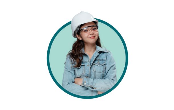 girl wearing a hard hat and safety goggles in a circle shape