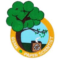 Paper Scientist patch with a tree and recycled paper box outside