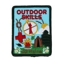 Outdoor Skills patch showing a tied knot, first aid cross, compass, and tent in an outdoor setting