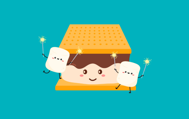 Graphics of a s'mores sandwich with two marshmallows holding sparklers on either side of it