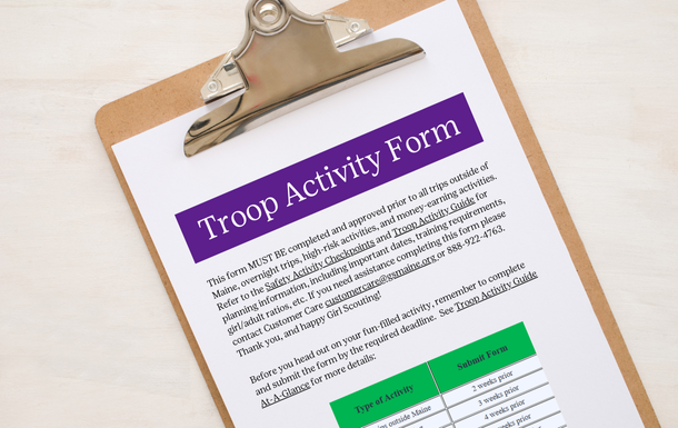 clipboard showing the beginning of the troop activity form