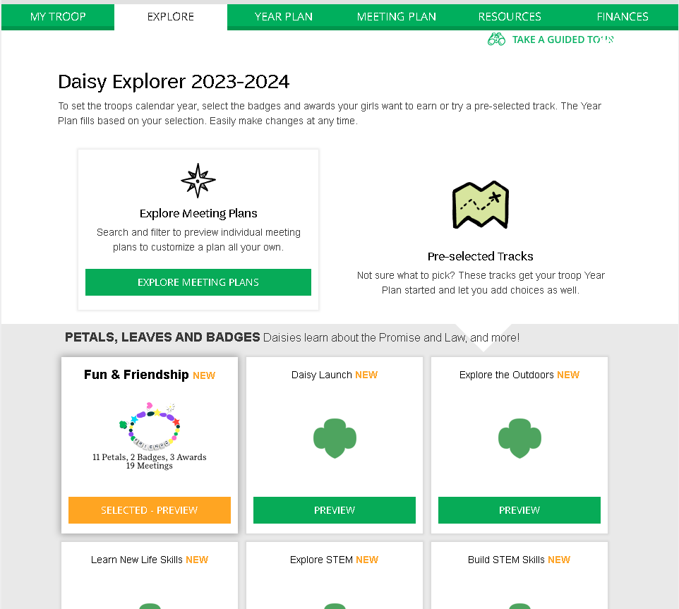 A screenshot from the Volunteer Toolkit showing the Daisy Explorer year plan