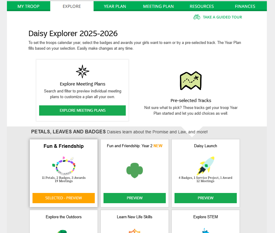 A screenshot from the Volunteer Toolkit showing the Daisy Explorer year plan