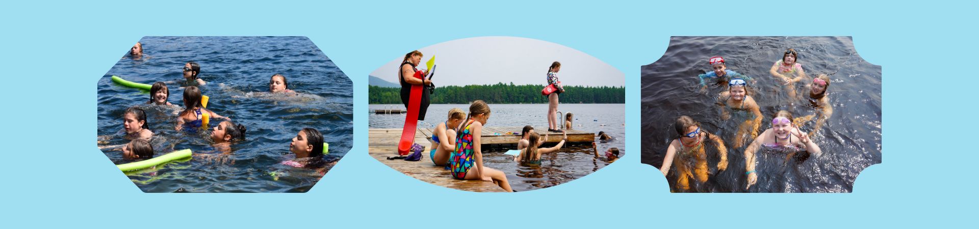  3 pictures of girl scouts in the water at summer camp 